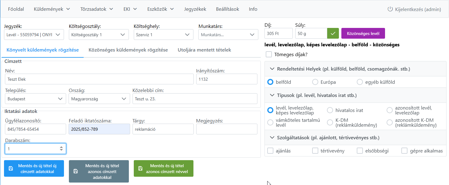 Webpostázó — küldemény rögzítési képernyő